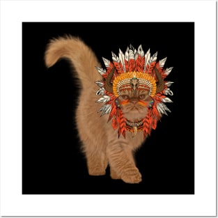 Funny cat with indian headdress Posters and Art